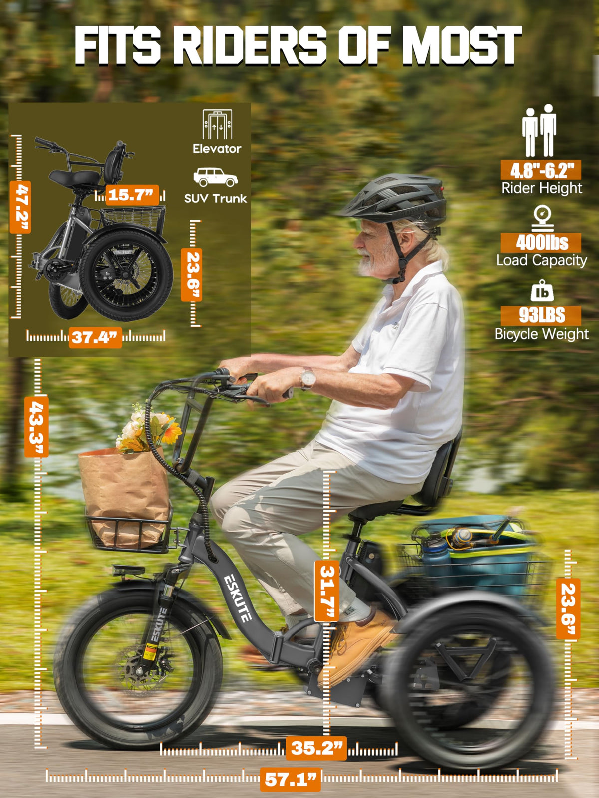 ESKUTE E Trike Electric Bike, Peak 1200W Brushless Motor Folding Trike 18X3.0 Fat Tire Ebike, 624Wh Removable Battery