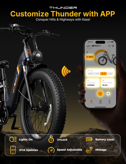Jasion Thunder Electric Bike for Adults,1800W Peak Fat Tire E Bikes,26''x 4'',80 Miles with 864Wh Removable Battery Ebike