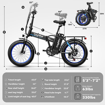 EUYBIKE Foldable Electric Bike for Adults, 48V 20Ah Removable Lithium Battery up to 80Miles, 20" Fat Tire 1000W Peak Motor Dirt Ebike