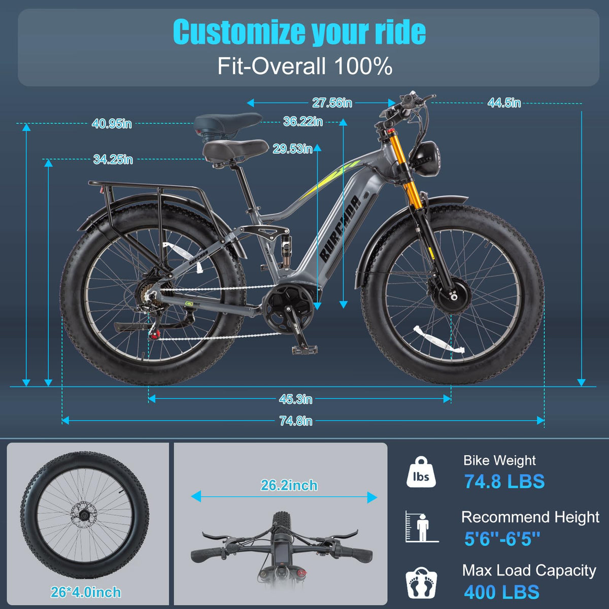 BIGUODIR 3000W Peak AWD Dual Motor Electric Bike for Adults Foldable