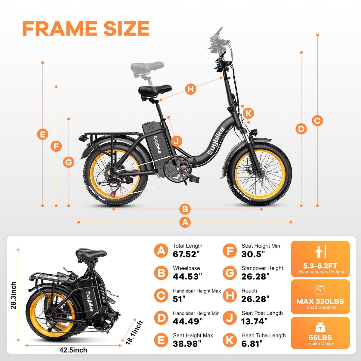 EUYBIKE Folding Electric Bike for Adults with Peak 1000W Motor, 48V 20AH Battery up to 80 Miles, 20" Fat Tire All Terrain Ebike