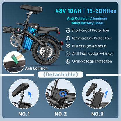 Folding Electric Bike for Adults and Teens, 14" E Bike for Daily Commuting