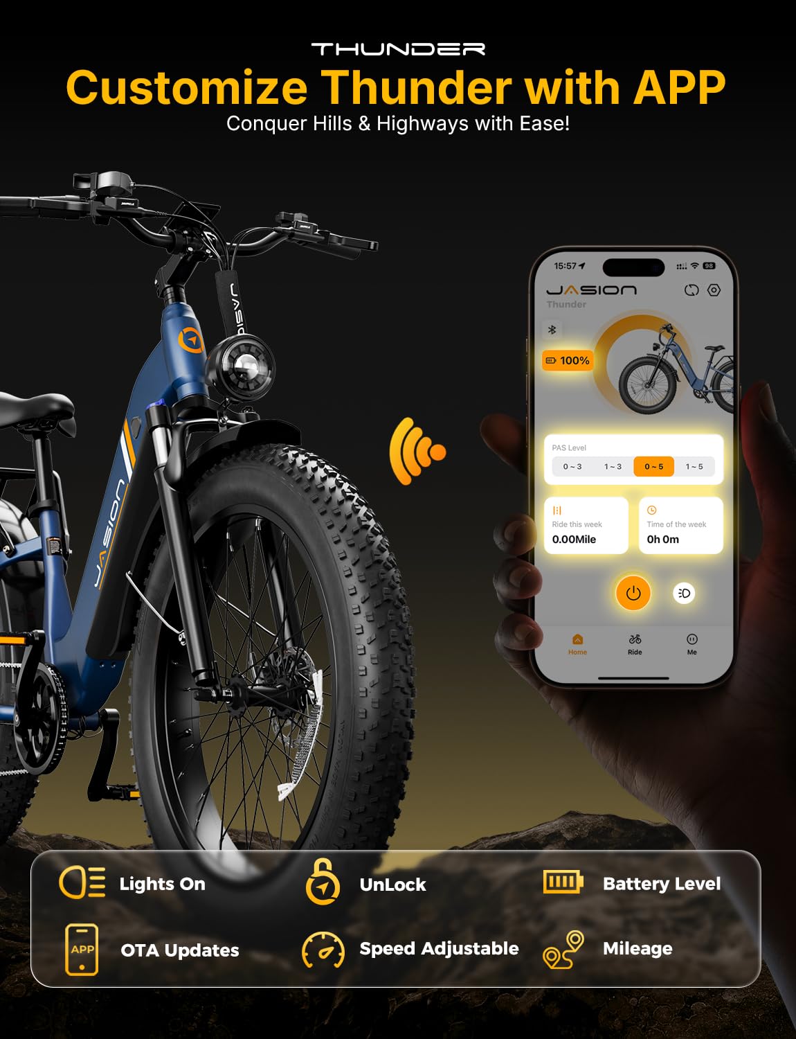 Jasion Thunder Electric Bike for Adults,1800W Peak Fat Tire E Bikes,26''x 4'',80 Miles with 864Wh Removable Battery