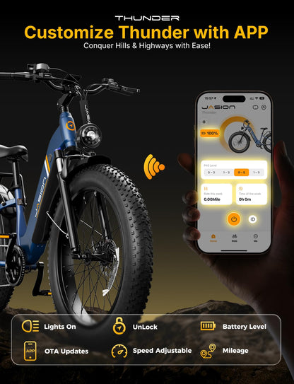 Jasion Thunder Electric Bike for Adults,1800W Peak Fat Tire E Bikes,26''x 4'',80 Miles with 864Wh Removable Battery