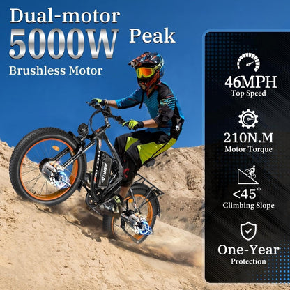 Adria26 Peak 5000W/6000W Dual Motor Ebike, 40-46MPH Electric Bike for Adults, 26" x 4" Fat Tire Electric Mountain Bike