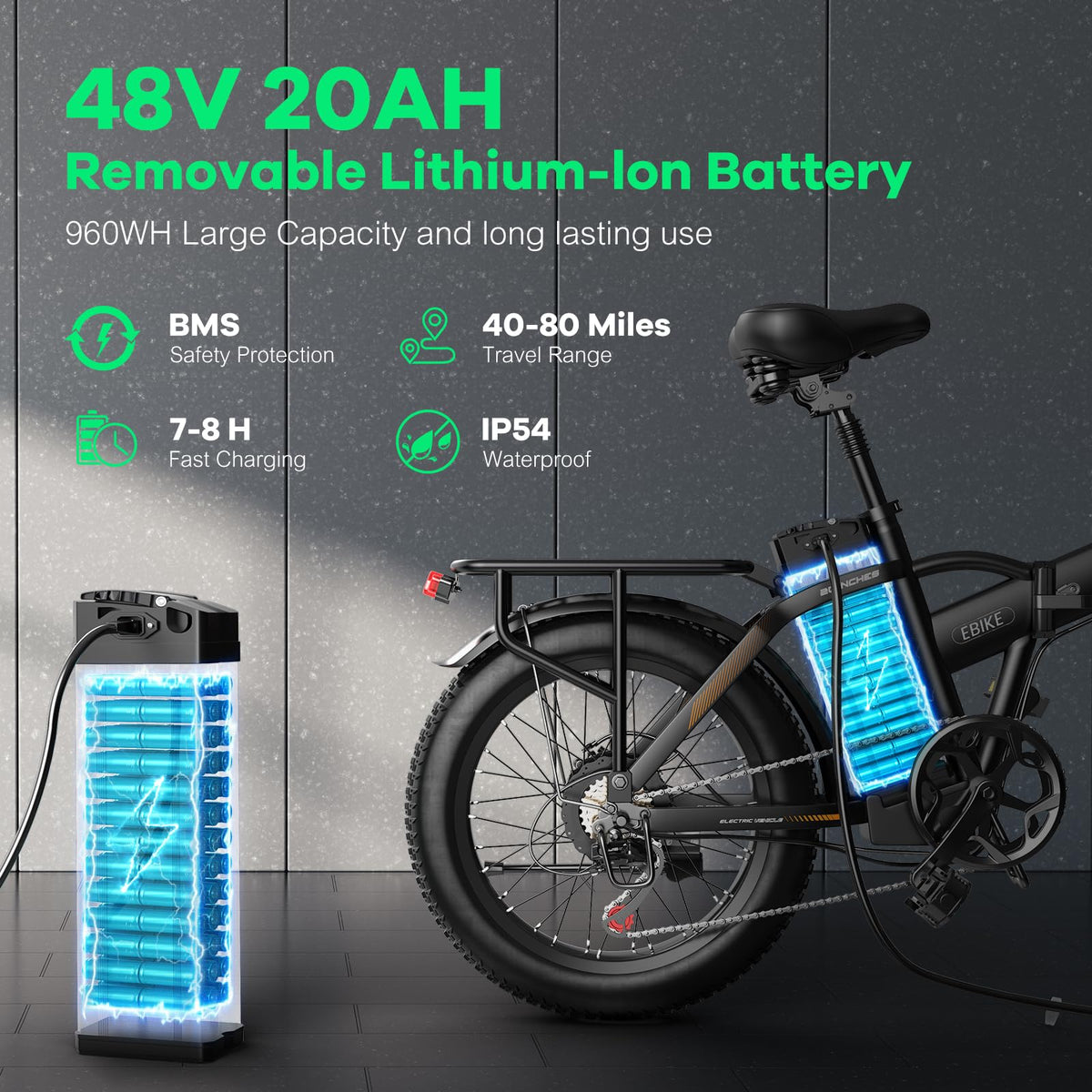 EUYBIKE Foldable Electric Bike for Adults, 48V 20Ah Removable Battery up to 80Miles, 20" Fat Tire 1000W Dirt Ebike