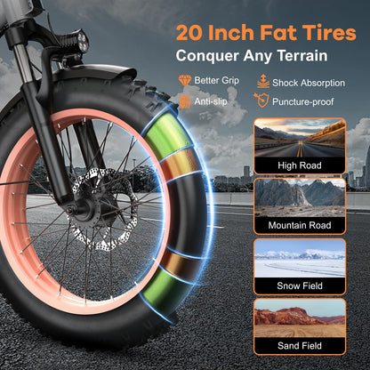 Folding Electric Bike for Adults with 1000W Peak Motor, 48V 20AH Battery up to 80 Miles, 20" Fat Tire All Terrain Ebike