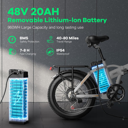 EUYBIKE Foldable Electric Bike for Adults, 48V 20Ah Removable Battery up to 80Miles, 20" Fat Tire 1000W Dirt Ebike