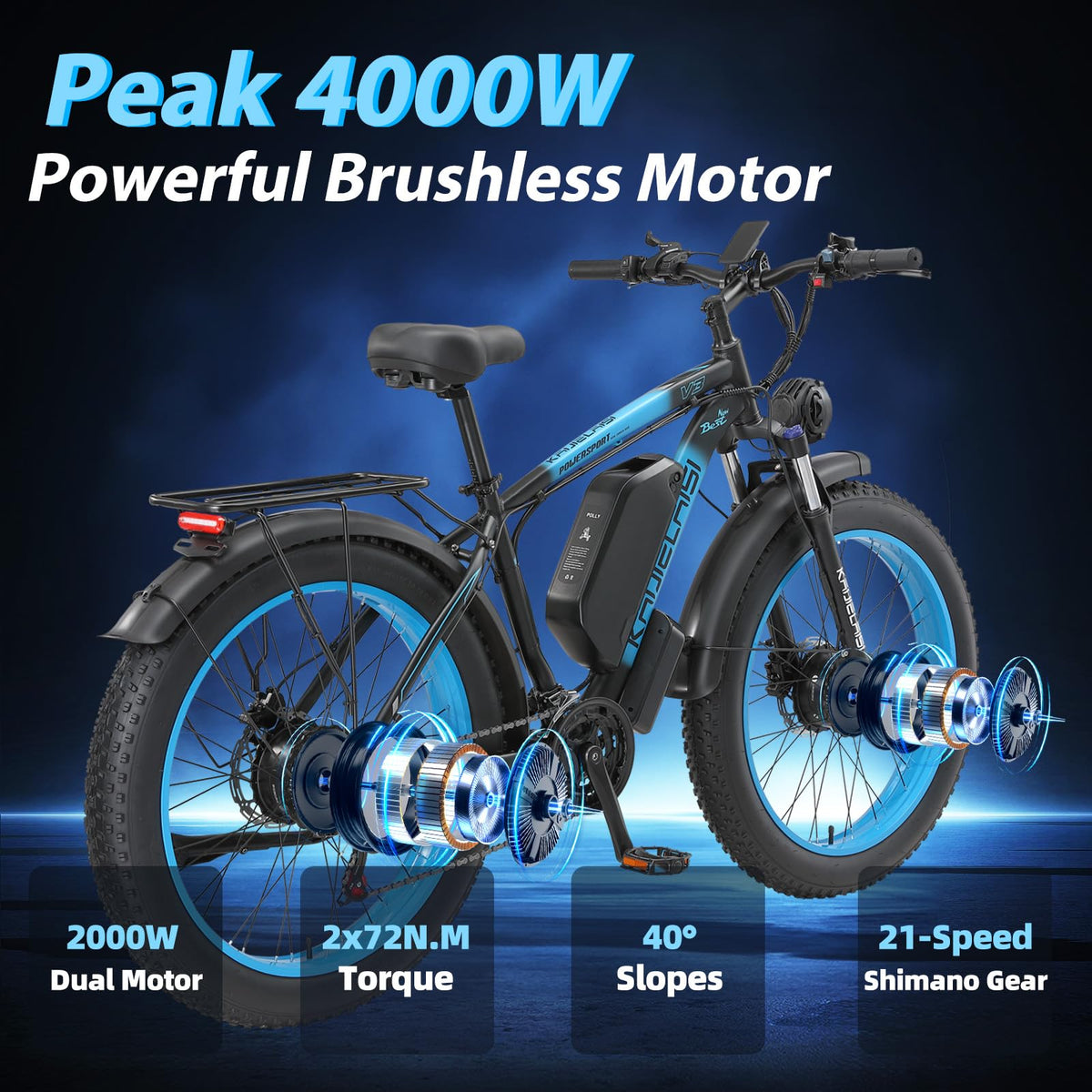 AWD Electric Bike for Adults, Peak 4000W Power 26” Fat Tire Ebike Dual Motor Electric Bicycles, 48V 22.4AH Removable Battery